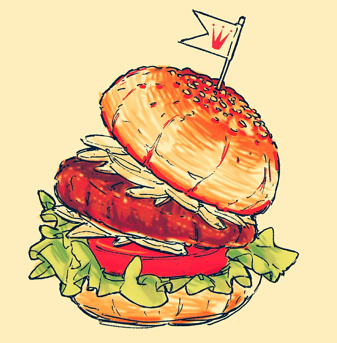 arinko_(a_ringo_hoppe) commentary_request food food_focus hamburger highres jpeg_artifacts lettuce meat mini_flag no_humans original simple_background sketch still_life tomato yellow_background