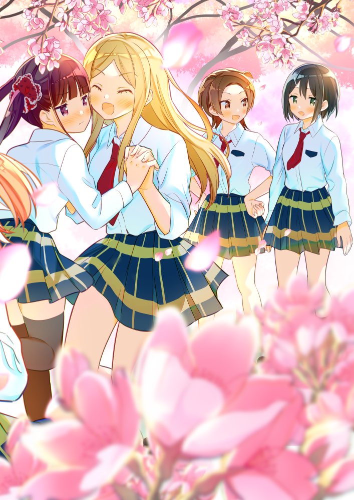 4girls ^_^ black_hair blonde_hair brown_hair cherry_blossoms closed_eyes hair_ornament hand_on_hip holding_hand iizuka_yuzu ikeno_kaede long_hair looking_at_another minami_shizuku multiple_girls noda_kotone petals sakura_trick school_uniform short_hair tachi_(gutsutoma)