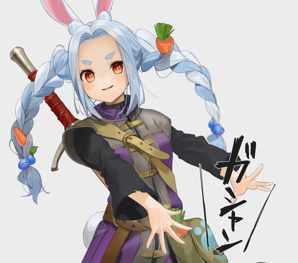 1girl animal_ear_fluff animal_ears bag bangs belt blush braid brown_belt bunny_ears bunny_tail carrot carrot_hair_ornament character_hair_ornament closed_mouth cosplay dragon_quest dragon_quest_xi dress food_themed_hair_ornament gotoh510 hair_ornament hero_(dq11) hero_(dq11)_(cosplay) hololive light_blue_hair long_hair long_sleeves looking_at_viewer messenger_bag orange_eyes parted_bangs parted_lips paw_print purple_dress short_eyebrows shoulder_bag signature slime_(dragon_quest) smile solo sword tail thick_eyebrows twin_braids usada_pekora virtual_youtuber weapon white_background