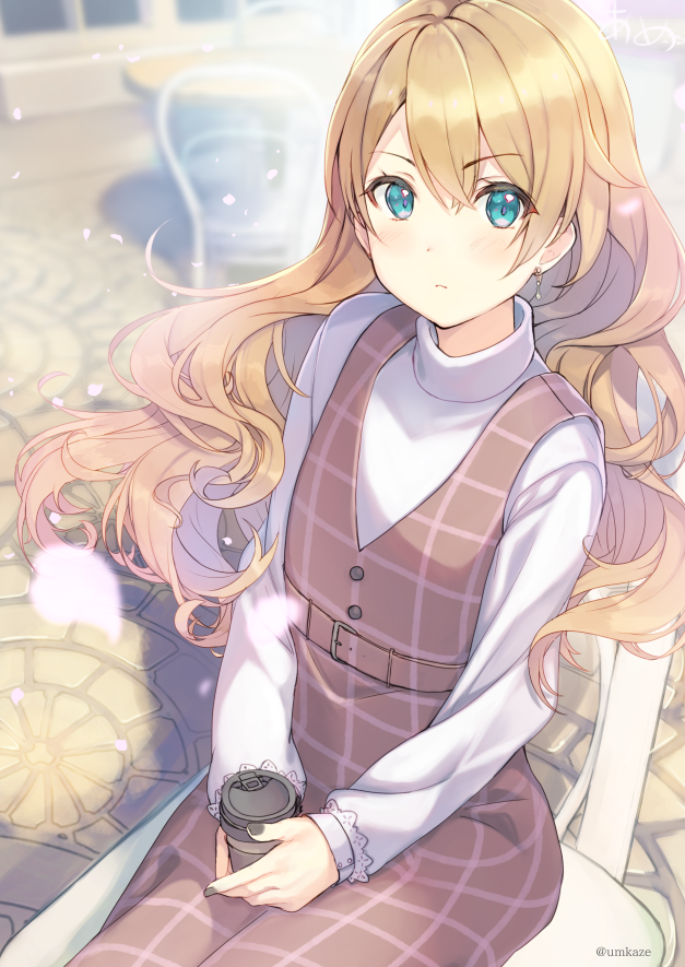 1girl :c ameshizuku_natsuki bangs belt belt_buckle black_nails blonde_hair blue_eyes blush buckle buttons chair closed_mouth cobblestone cowboy_shot cup day dot_nose earrings eyebrows_visible_through_hair floating_hair hair_between_eyes holding holding_cup jewelry long_hair long_sleeves looking_at_viewer original outdoors parted_bangs petals sitting sleeve_cuffs solo sweater table turtleneck turtleneck_sweater twitter_username white_sweater