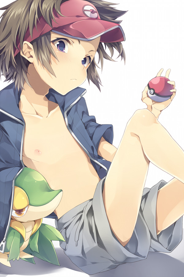 1boy bangs bare_legs blue_eyes blue_jacket brown_hair chest gen_5_pokemon hot jacket jacket_on_shoulders legs looking_at_viewer male_focus nate_(pokemon) nipples on_(snow77) pectorals poke_ball pokemon pokemon_(anime) pokemon_(creature) pokemon_(game) pokemon_bw pokemon_bw2 shirtless shorts sitting snivy snow77 solo thighs visor_cap