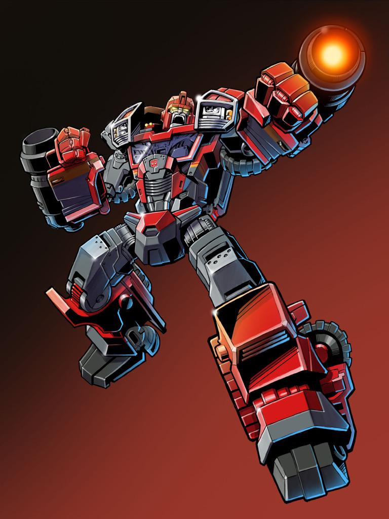 1boy arm_cannon arm_mounted_weapon autobot cannon clenched_hand ground_vehicle ironhide mecha motor_vehicle open_mouth pose red_background red_theme tire transformers transformers_prime truck weapon wheel yasukuni_kazumasa yellow_eyes