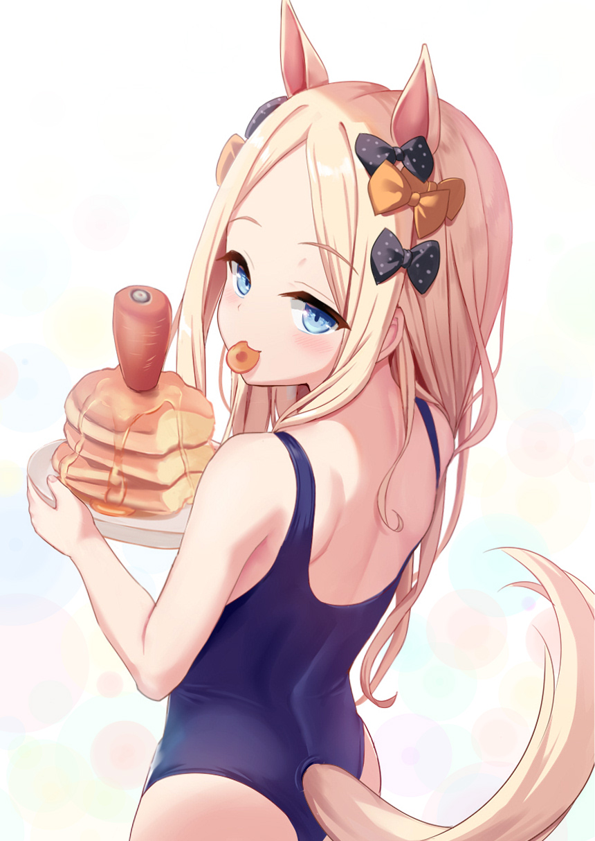 1girl abigail_williams_(fate) animal_ears ass back bangs bare_shoulders black_bow blonde_hair blue_eyes blue_swimsuit blush bow breasts carrot fate/grand_order fate_(series) food forehead hair_bow highres horse_ears horse_girl horse_tail long_hair looking_at_viewer looking_back multiple_bows one-piece_swimsuit orange_bow pancake parted_bangs plate shimokirin sidelocks small_breasts smile swimsuit tail