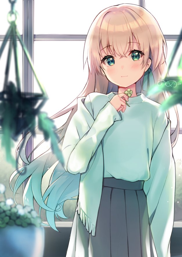 1girl ameshizuku_natsuki bangs black_skirt blurry blurry_foreground blush brown_hair closed_mouth clover commentary_request cowboy_shot eyebrows_visible_through_hair floating_hair flower four-leaf_clover green_eyes green_scarf green_sweater hand_up hanging_plant holding holding_flower indoors long_hair long_skirt long_sleeves looking_at_viewer original plant pleated_skirt potted_plant scarf scarf_removed signature skirt smile solo sweater sweater_tucked_in window