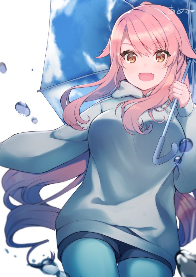 1girl :d ameshizuku_natsuki bangs blush breasts commentary_request cowboy_shot drawstring eyebrows_visible_through_hair fang green_legwear grey_hoodie hand_up holding holding_umbrella hood hood_down hoodie large_breasts long_hair long_sleeves looking_at_viewer open_mouth original outstretched_arm pantyhose pink_hair sidelocks signature simple_background smile solo swept_bangs umbrella water_drop white_background yellow_eyes