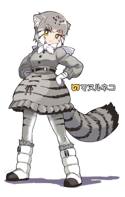 1girl :c animal_ear_fluff animal_ears animal_print bangs belt black_belt boots bright_pupils bubble_skirt cat_ears cat_girl cat_tail character_name closed_mouth dot_nose eyebrows_visible_through_hair frilled_skirt frills from_below from_side full_body fur-trimmed_boots fur-trimmed_sleeves fur_trim gloves gradient_hair grey_hair grey_legwear grey_skirt hands_on_hips high-waist_skirt high_belt japari_symbol kemono_friends kemono_friends_3 knee_boots legs_apart long_sleeves looking_at_viewer looking_to_the_side multicolored_hair pallas's_cat_(kemono_friends) pantyhose petticoat print_gloves print_legwear print_skirt puffy_long_sleeves puffy_sleeves shadow short_hair simple_background skirt solo standing striped_tail tail twitter_username two-tone_legwear v-shaped_eyebrows white_background white_footwear white_gloves white_neckwear white_pupils yamai yellow_eyes