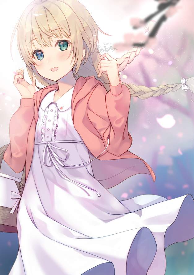 1girl :d ameshizuku_natsuki bag bangs blue_eyes braid brown_hair buttons center_frills cherry_blossoms collared_dress cowboy_shot day dress eyebrows_visible_through_hair fang floating_hair frills green_eyes handbag hands_up heterochromia jacket long_hair long_sleeves looking_at_viewer open_clothes open_jacket open_mouth original outdoors petals pleated_dress red_jacket sidelocks signature sleeve_cuffs smile solo string white_dress wind