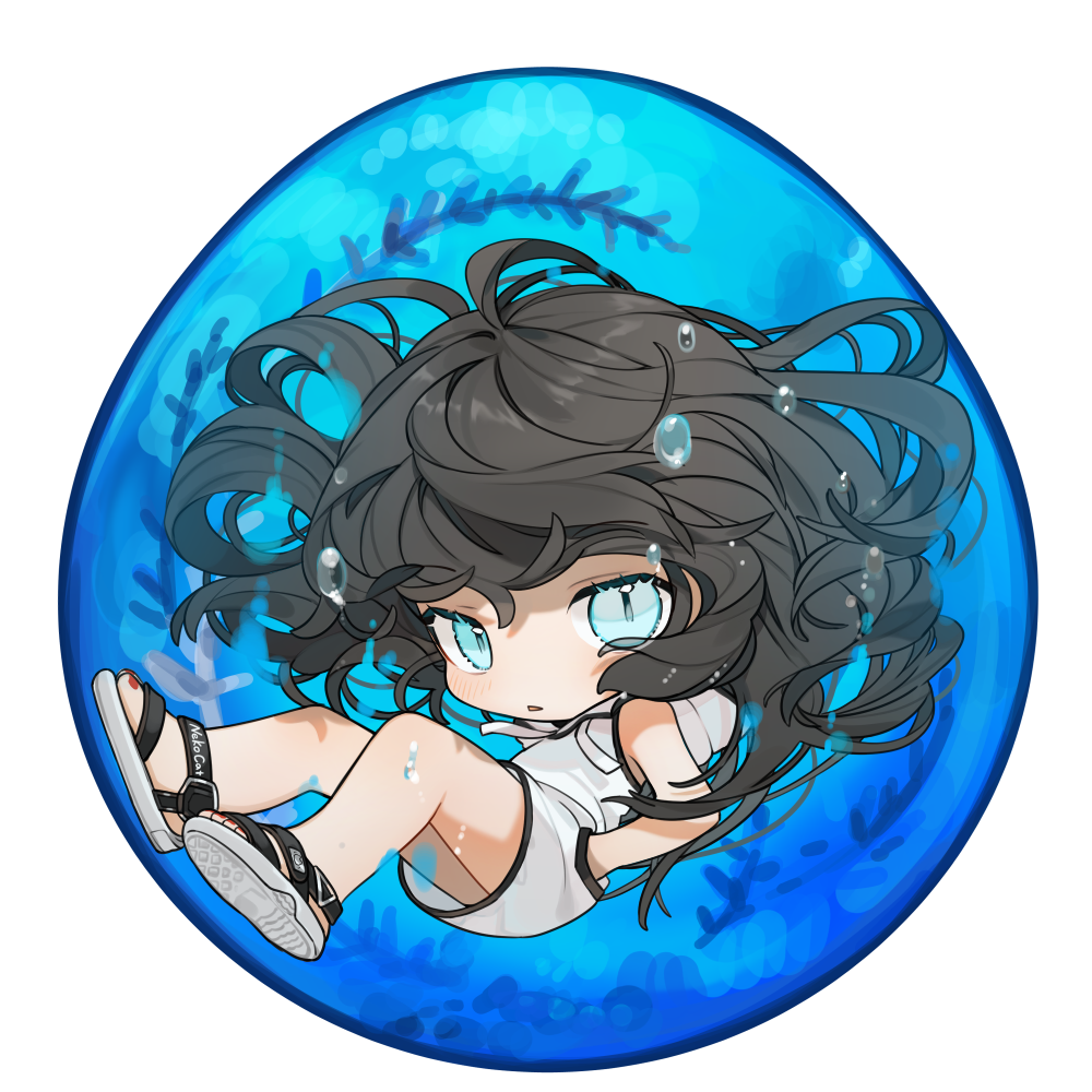 1girl air_bubble bangs black_hair blue_eyes bubble chibi dress full_body gotoh510 hand_in_pocket hood hood_down long_hair looking_at_viewer original parted_lips sandals solo underwater white_background white_dress