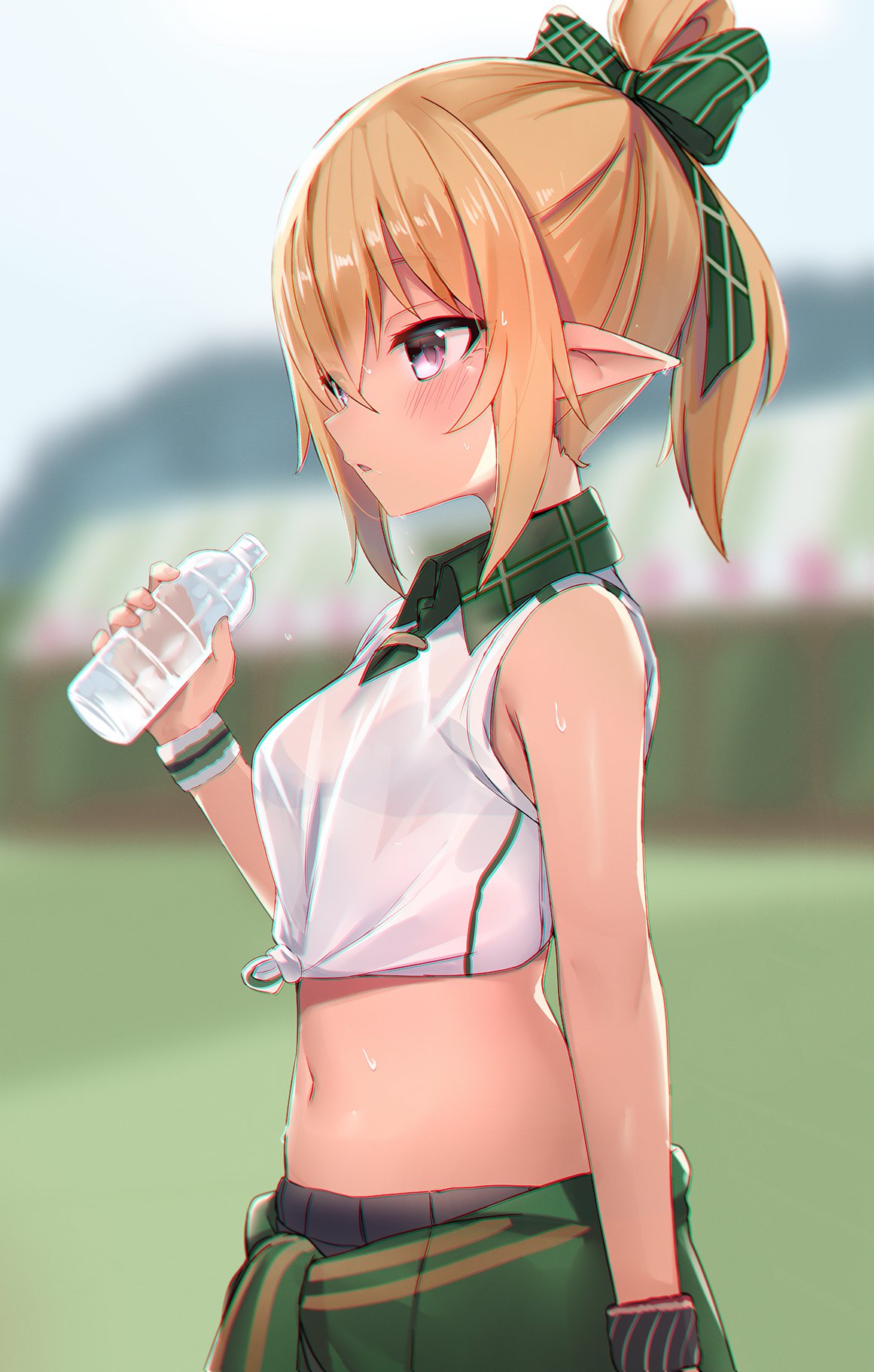 1girl black_bra blonde_hair blurry bottle bow bra bra_through_clothes breasts chloe_(princess_connect!) clothes_around_waist collared_shirt crop_top depth_of_field from_side front-tie_top hair_bow highres holding jacket jacket_around_waist kure_(kure_ng) looking_away midriff navel outdoors parted_lips pointy_ears ponytail princess_connect! princess_connect!_re:dive purple_eyes see-through shirt sidelocks sleeveless sleeveless_shirt small_breasts solo stomach underwear upper_body wet wet_clothes wet_shirt white_shirt