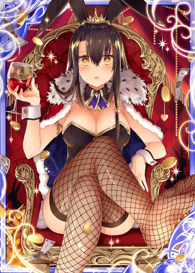 animal_ears black_hair bunny_ears cape crown cuffs cup drinking_glass fishnets handcuffs looking_at_viewer official_art shinkai_no_valkyrie solo solo_focus wine_glass yellow_eyes