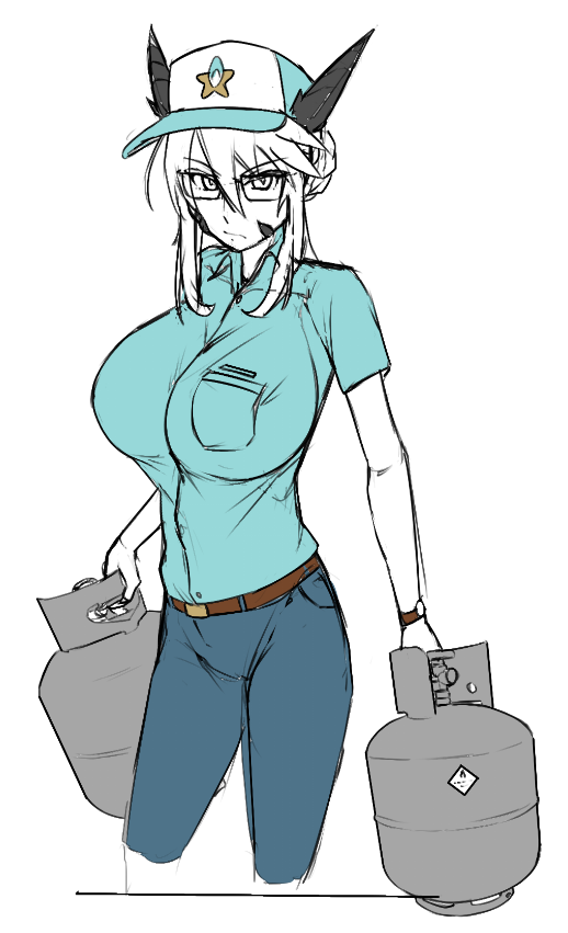 1girl alternate_costume aqua_shirt artoria_pendragon_(all) artoria_pendragon_(lancer_alter)_(fate) belt breasts brown_belt denim fate/grand_order fate_(series) glasses hank_hill hank_hill_(ccosplay) horns horns_through_headwear jeans king_of_the_hill large_breasts long_hair massgrave_art pants propane_tank shirt sketch steam tied_hair watch wristwatch