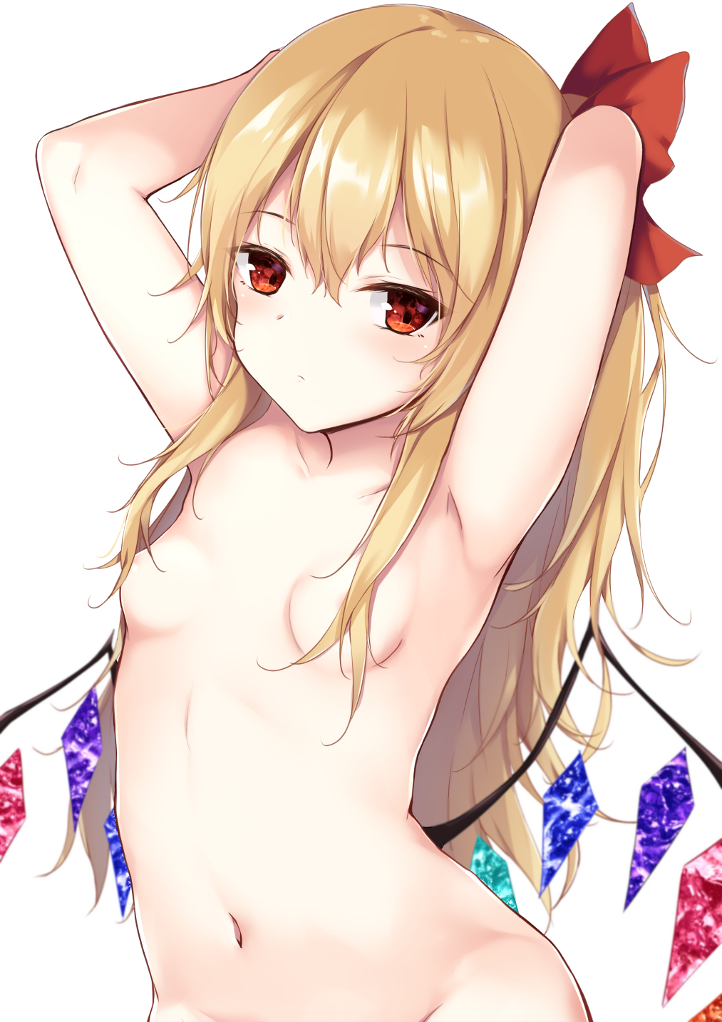 1girl alternate_hair_length alternate_hairstyle areolae armpits arms_behind_head arms_up blonde_hair blush breasts closed_mouth commentary_request crystal expressionless flandre_scarlet groin hair_between_eyes hair_censor hair_over_breasts hair_ribbon highres kashiwagi_yamine long_hair looking_at_viewer navel nude out-of-frame_censoring red_eyes red_ribbon ribbon side_ponytail small_breasts solo touhou vampire very_long_hair wings