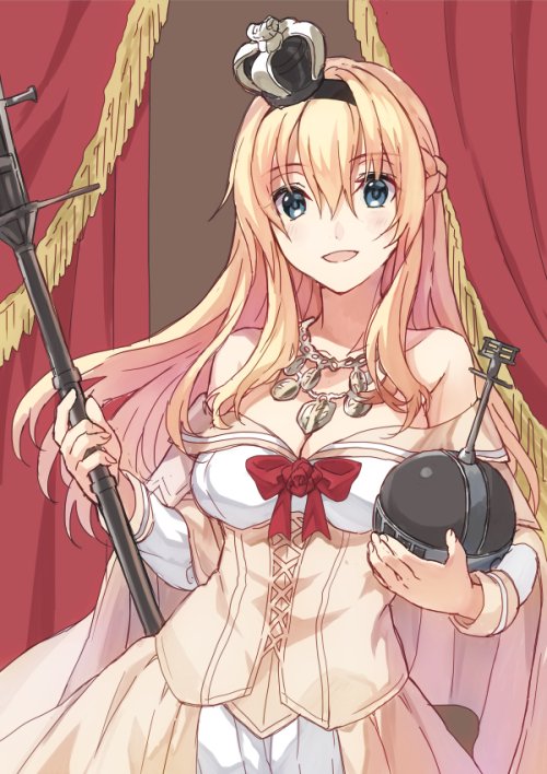 1girl bangs blonde_hair blue_eyes bow braid breasts cleavage crown curtains dress eyebrows_visible_through_hair flower french_braid globus_cruciger hair_between_eyes holding jewelry kantai_collection long_hair mini_crown mitsuyo_(mituyo324) necklace off-shoulder_dress off_shoulder open_mouth red_flower red_rose rose scepter solo warspite_(kancolle)