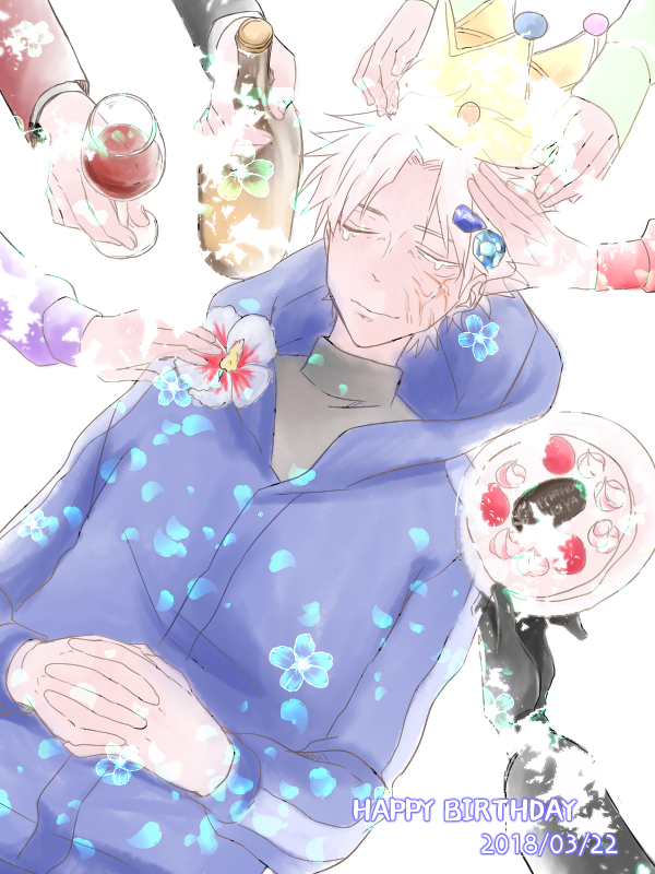 1boy ahoge alcohol berserker_(fate/zero) bottle cake closed_eyes crown cup drinking_glass fate/zero fate_(series) flower food gem happy_birthday holding holding_cup hood hoodie male_focus matou_byakuya matou_kariya matou_sakura ronpaxronpa short_hair solo_focus sweater tohsaka_aoi tohsaka_rin tohsaka_tokiomi turtleneck turtleneck_sweater white_hair wine wine_bottle wine_glass