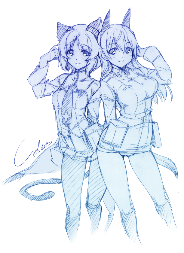 2girls animal_ears arm_behind_back ass_visible_through_thighs blush breasts cat_ears contrapposto dog_ears dog_tail eila_ilmatar_juutilainen hand_in_hair ikeda_sakura long_hair looking_at_viewer medium_breasts military military_uniform multiple_girls necktie pouch sanya_v_litvyak short_hair smile strike_witches tail uniform white_background world_witches_series