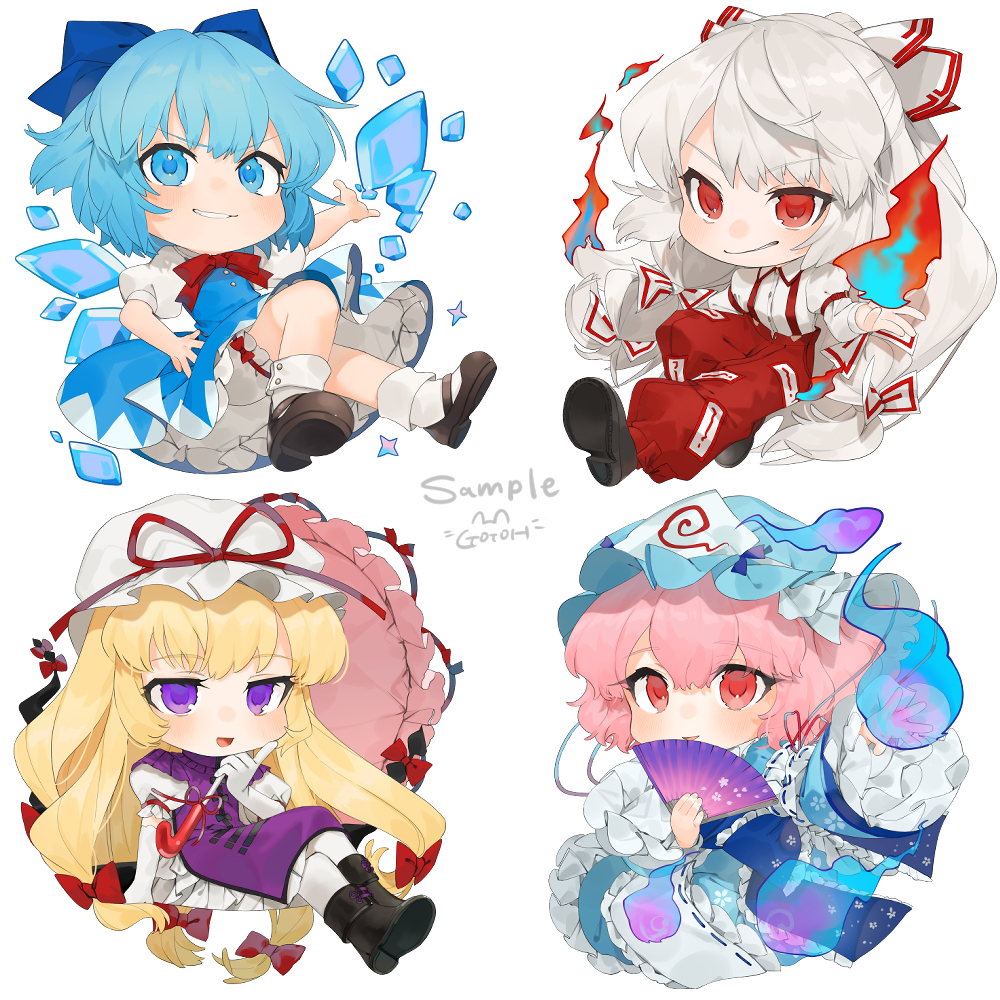 4girls :d apron bangs black_footwear blonde_hair blue_dress blue_eyes blue_hair blue_headwear bow bowtie chibi cirno collared_shirt dress elbow_gloves eyebrows_visible_through_hair fan frilled_dress frills fujiwara_no_mokou gloves gotoh510 hair_between_eyes hair_bow hat holding holding_fan holding_flame holding_umbrella ice ice_wings index_finger_raised long_hair long_sleeves mary_janes mob_cap multiple_girls ofuda open_mouth pants parted_lips petticoat pink_hair pleated_dress puffy_short_sleeves puffy_sleeves purple_eyes red_bow red_eyes red_pants saigyouji_yuyuko shirt shoes short_hair short_sleeves shorts shorts_under_skirt smile socks tabard touhou umbrella v-shaped_eyebrows very_long_hair white_apron white_background white_bow white_dress white_gloves white_hair white_headwear white_legwear white_shirt wide_sleeves wings yakumo_yukari