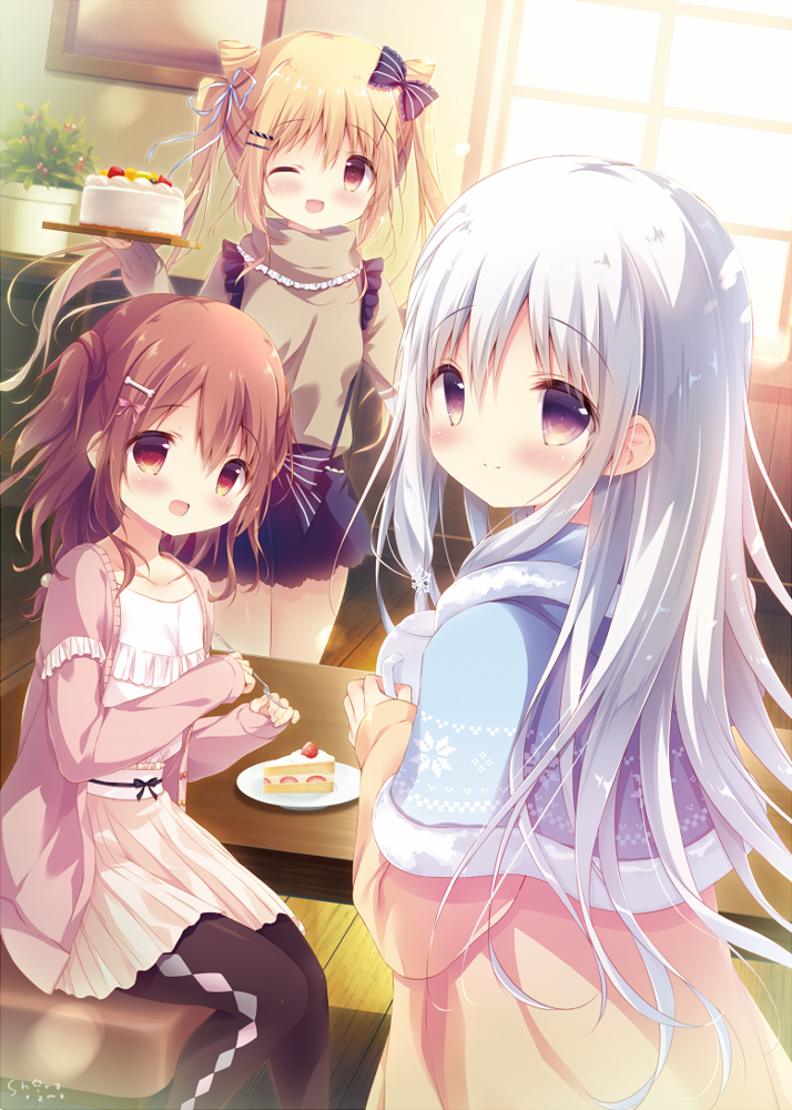 3girls :d ;d black_bow black_skirt blonde_hair blue_capelet blush bone_hair_ornament bow brown_eyes brown_hair brown_shirt brown_skirt cake capelet chocolat_neige closed_mouth collarbone commentary_request day dress dutch_angle food fork fur-trimmed_capelet fur_trim furukura_meru hair_bow hair_ornament holding holding_fork holding_teapot holding_tray indoors jacket knife lens_flare_abuse long_hair long_sleeves looking_at_viewer miyohashi_koori multiple_girls one_eye_closed open_clothes open_jacket open_mouth orange_eyes pink_jacket plate pleated_skirt purple_eyes purple_skirt red_eyes shiratama_(shiratamaco) shirt silver_hair skirt sleeves_past_wrists slice_of_cake smile striped striped_bow sugatem!_-sugarfull_tempering- sunlight table teapot tray twintails two_side_up very_long_hair white_hair white_shirt window wooden_floor