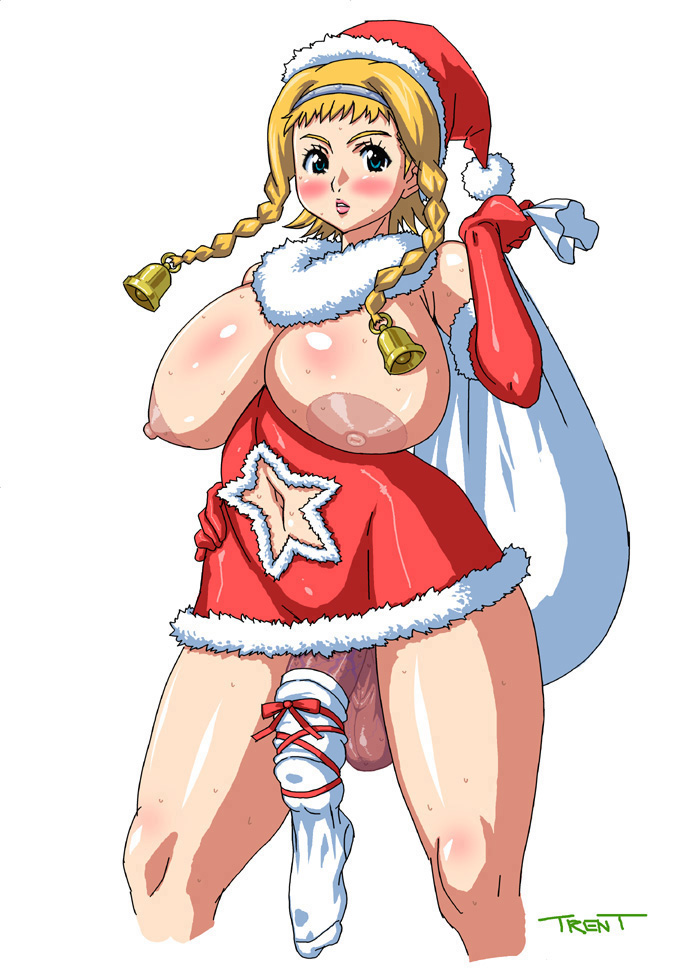 1girl aqua_eyes bell blonde_hair blush breasts christmas elbow_gloves erect_nipples erection footwear futanari gloves huge_breasts leina long_hair navel nipples no_bra no_panties penis queen's_blade santa santa_costume simple_background socks solo testicles