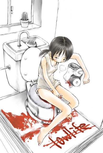 black_hair blood bottomless cactus copyright_request kashmir legs menstruation ponytail sink solo tank_top toilet younger