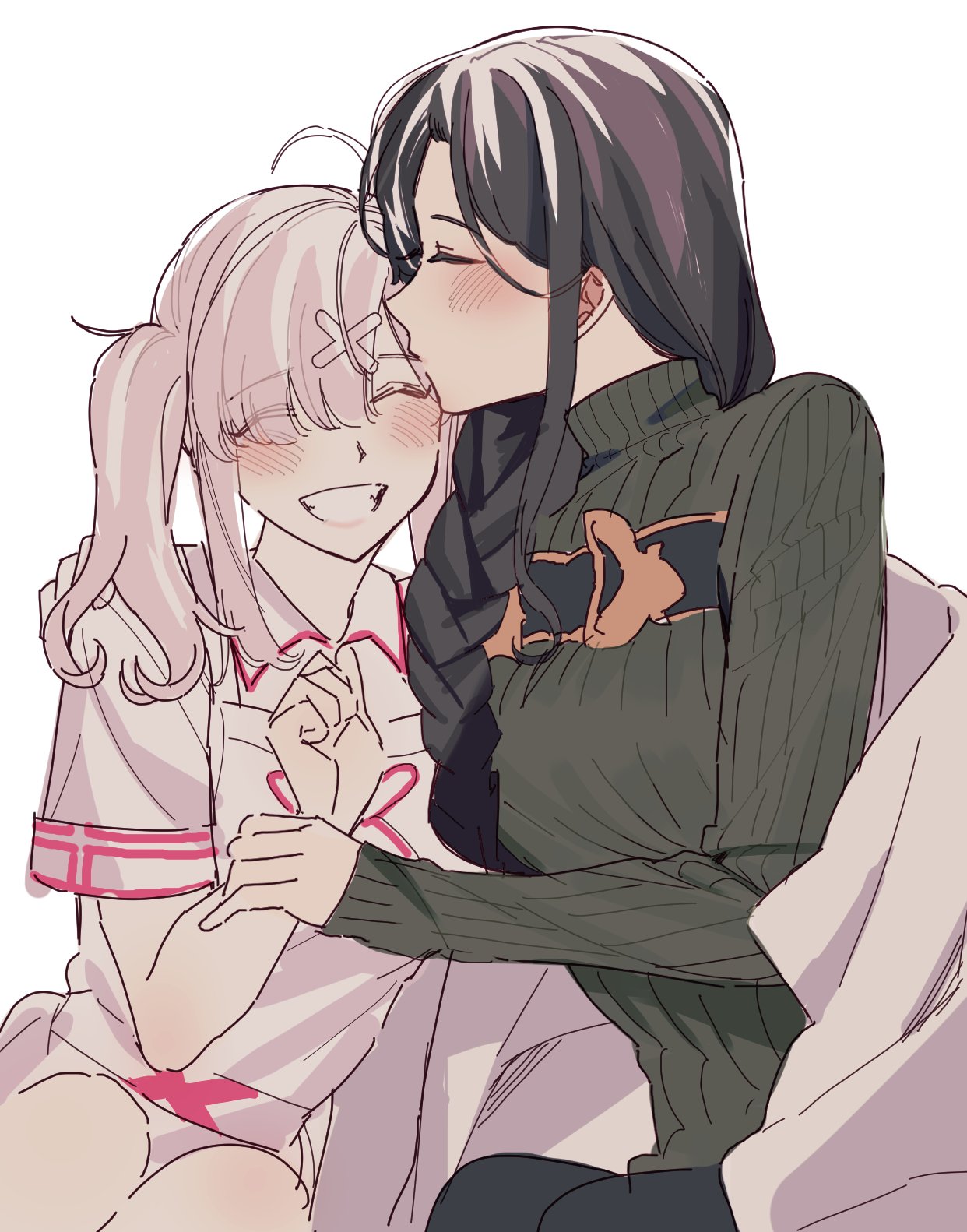 14_(vision5032) 2girls ahoge black_hair blush braid closed_eyes collared_shirt commentary_request facing_another forehead_kiss green_sweater grin hair_over_one_eye highres kiss korean_commentary long_braid long_hair long_sleeves multiple_girls nijisanji ribbed_sweater shirayuki_tomoe shirt short_sleeves silver_hair single_braid sitting sketch sleeves_past_wrists smile sukoya_kana sweater twintails virtual_youtuber white_background yuri