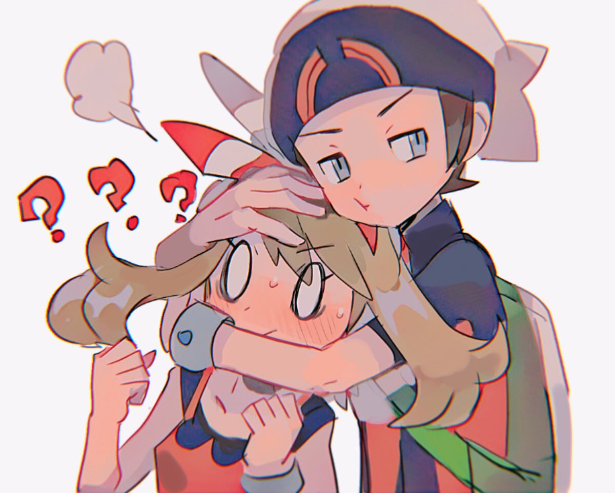 0_0 1boy 1girl :t ? ?? beanie blush bow_hairband bracelet brendan_(pokemon) brown_hair clenched_hands closed_mouth commentary eyebrows_visible_through_hair eyelashes green_bag grey_eyes hairband hands_up hat hinann_bot hug hug_from_behind jewelry long_hair may_(pokemon) pokemon pokemon_(game) pokemon_oras red_hairband shirt short_sleeves simple_background sleeveless sleeveless_shirt sweat white_background
