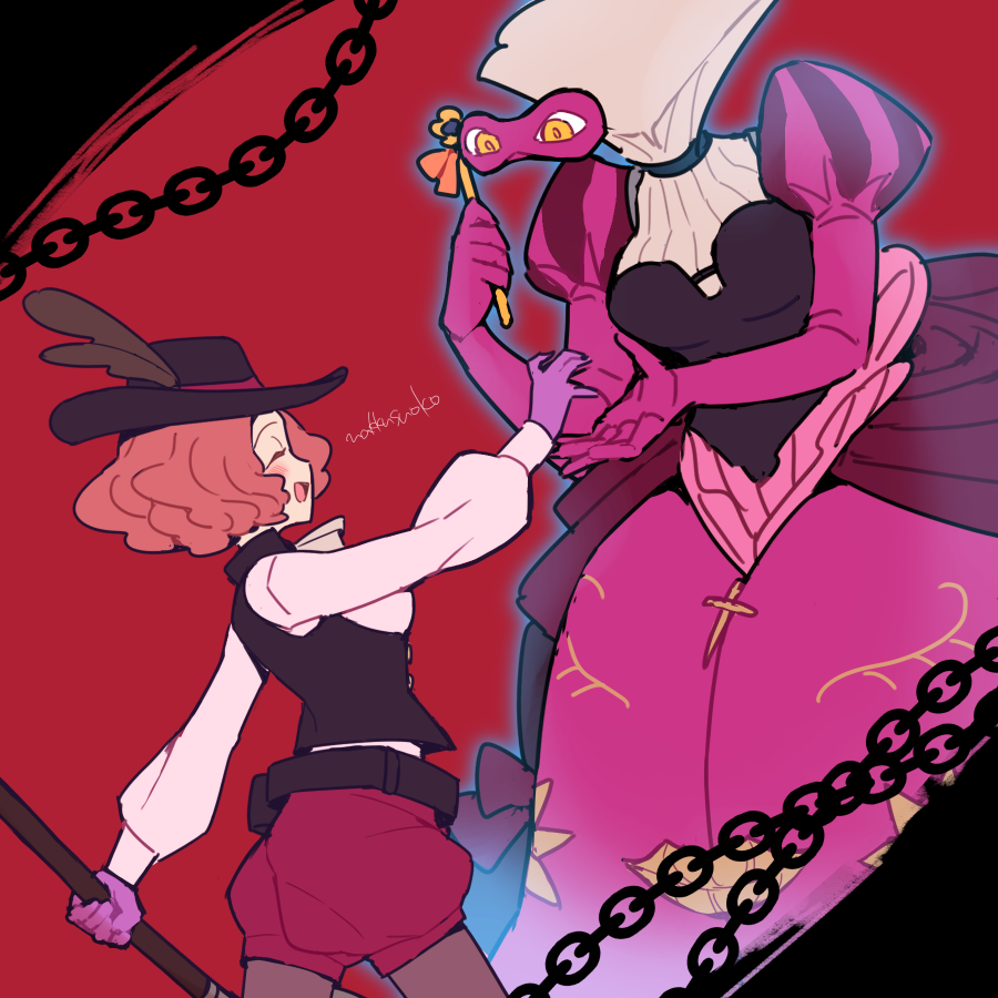 artist_name belt blush brown_hair chain closed_eyes do_m_kaeru domino_mask gloves hat hat_feather long_sleeves mask masquerade_mask milady_(persona) okumura_haru pantyhose persona persona_5 purple_gloves reaching_out red_shorts shorts signature underbust vest