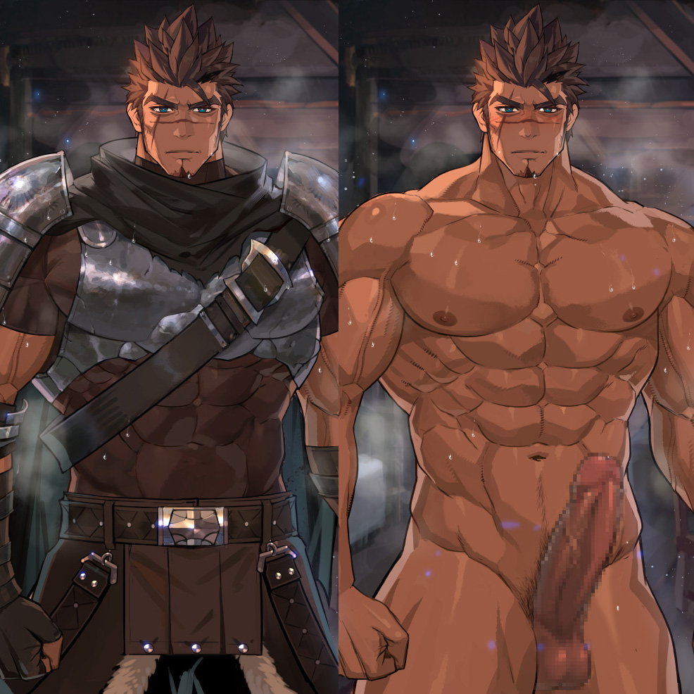 1boy abs armor bara bare_pecs bare_shoulders blue_eyes breastplate brown_hair censored clenched_hand erection facial_hair fingerless_gloves gloves large_pectorals large_penis looking_at_viewer male_focus mosaic_censoring muscular muscular_male navel nikism nude original pectorals penis scar scar_across_eye scar_on_cheek scar_on_face shoulder_armor standing strap sweat testicles