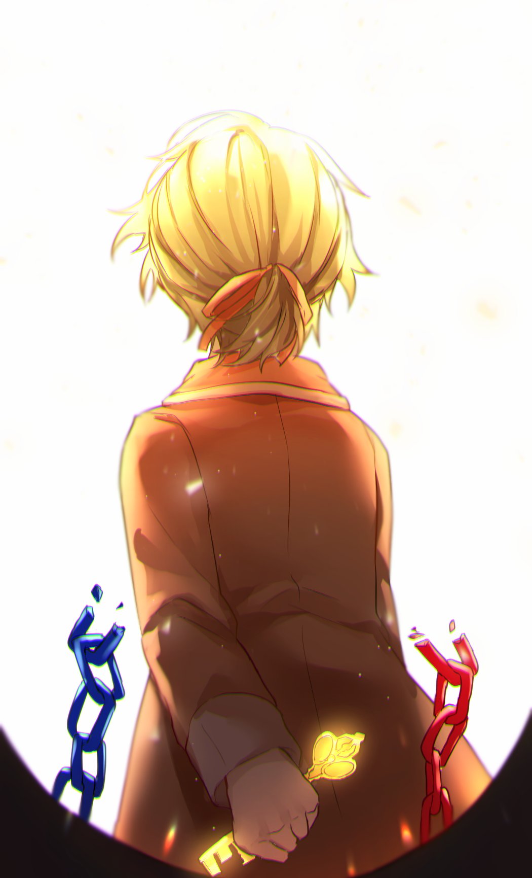 1boy allen_avadonia arm_behind_back aryuma772 back blonde_hair bloom chain evillious_nendaiki grim_the_end hair_ribbon highres holding holding_key jacket kagamine_len key master_of_the_heavenly_yard_(vocaloid) orange_jacket re_birthday_(vocaloid) ribbon shattering short_ponytail solo vessel_of_sin vocaloid