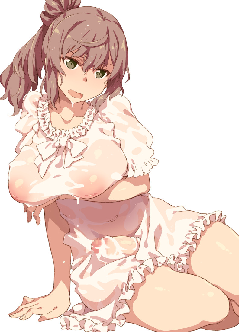 1girl arm_support breasts censored character_request commentary_request covered_navel cum dress futanari green_eyes inverted_nipples kantai_collection large_breasts mosaic_censoring open_mouth penis puffy_short_sleeves puffy_sleeves see-through short_hair short_sleeves simple_background sitting solo takemura_sesshuu thighs wet wet_clothes white_background white_dress