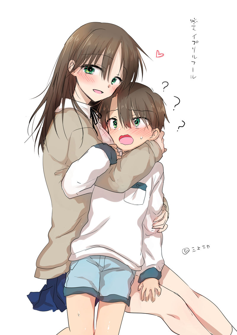 1boy 1girl bangs blush brother_and_sister brown_hair eyebrows_behind_hair eyebrows_visible_through_hair eyes_visible_through_hair full_body green_eyes hair_between_eyes long_hair long_sleeves looking_at_viewer mikami_mika open_mouth original siblings sisters smile solo standing thighhighs white_background
