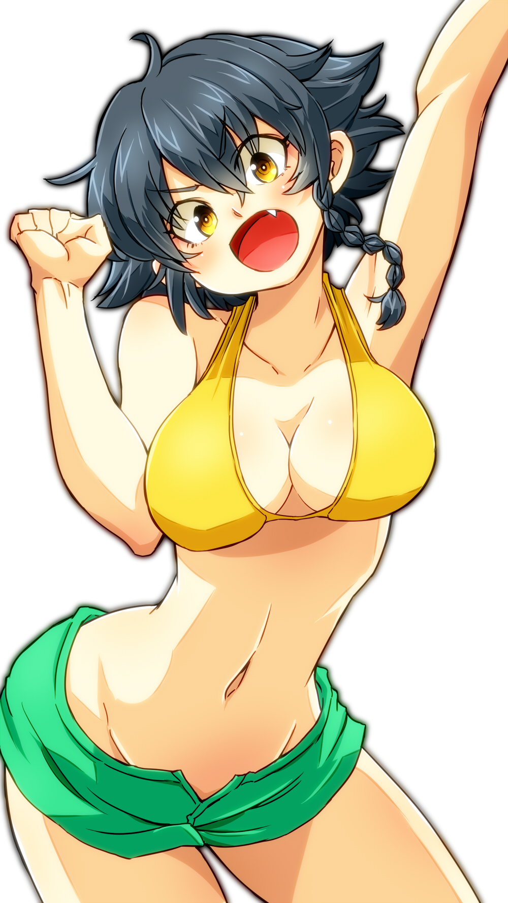 1girl aono3 arm_up bangs bikini bikini_shorts black_hair braid breasts brown_eyes cleavage clenched_hand commentary cowboy_shot fang girls_und_panzer green_bikini groin head_tilt highres large_breasts looking_at_viewer mismatched_bikini navel open_mouth pepperoni_(girls_und_panzer) short_hair shorts side_braid simple_background smile solo standing swimsuit v-shaped_eyes white_background yellow_bikini