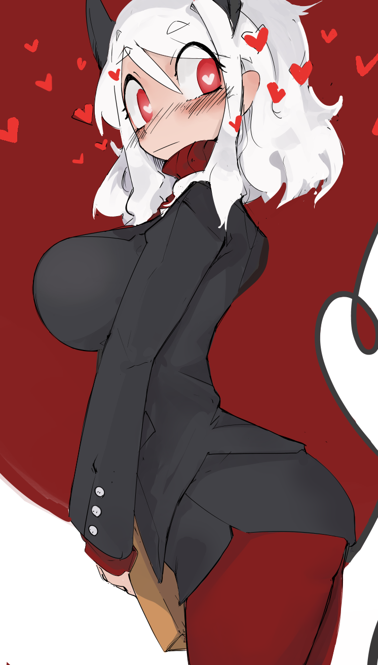1girl ass black_horns black_skirt black_suit blush book breasts business_suit curly_hair demon_girl demon_horns demon_tail eyebrows_visible_through_hair fingernails formal hands_together heart heart-shaped_pupils helltaker highres holding holding_book horns large_breasts long_sleeves looking_to_the_side medium_hair mikojin miniskirt modeus_(helltaker) pantyhose red_eyes red_legwear red_sweater ribbed_sweater shirt simple_background skirt sleeves_past_wrists solo standing suit sweater symbol-shaped_pupils tail turtleneck white_hair