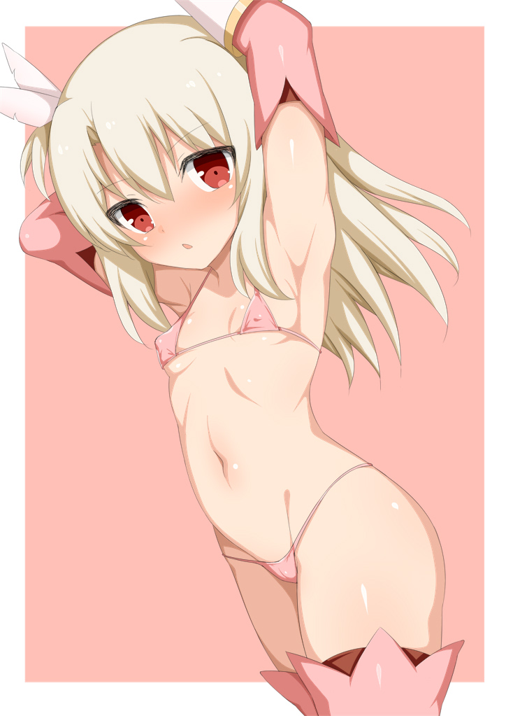 1girl armpits arms_behind_head bare_shoulders bikini blush boots breasts elbow_gloves fate/kaleid_liner_prisma_illya fate_(series) feathers gloves hair_between_eyes hair_feathers illyasviel_von_einzbern layered_gloves long_hair looking_at_viewer micro_bikini navel pink_bikini pink_footwear pink_gloves prisma_illya red_eyes sidelocks small_breasts swimsuit thigh_boots thighhighs toshishikisai two_side_up white_gloves white_hair yellow_background