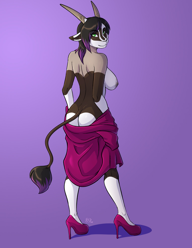 2019 antelope anthro areola big_breasts black_hair black_nose bovid breasts brown_body brown_fur butt butt_heart clothing conditional_dnp dipstick_ears dipstick_tail facial_markings female fur gloves_(marking) grazing_antelope hair head_markings high_heels highlights_(coloring) horn kadath leg_markings looking_at_viewer looking_back mammal markings mask_(marking) multicolored_ears multicolored_tail nipples olivia_(kadath) oryx purple_background purple_highlights seductive side_boob signature simple_background socks_(marking) solo undressing white_body white_fur