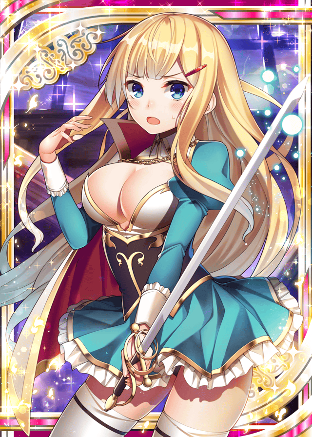 1girl :o aqua_dress blonde_hair blue_eyes breasts cape chain dress hair_ornament holding holding_weapon large_breasts long_hair official_art open_mouth ray-akila red_cape shinkai_no_valkyrie surprised sword thighhighs underwear weapon