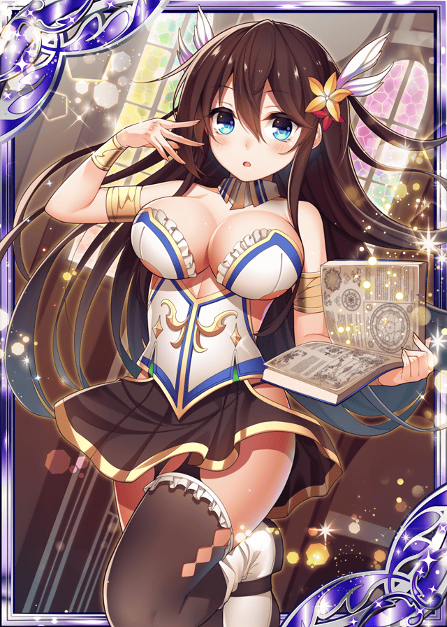 1girl :o bare_shoulders black_skirt blue_eyes book breasts brown_hair collaboration collarbone flower frilled_skirt frills gauntlets hair_flower hair_ornament holding holding_book indoors large_breasts long_hair looking_at_viewer official_art ray-akila shinkai_no_valkyrie shinki_kakusei_melty_maiden skirt thighhighs white_legwear window