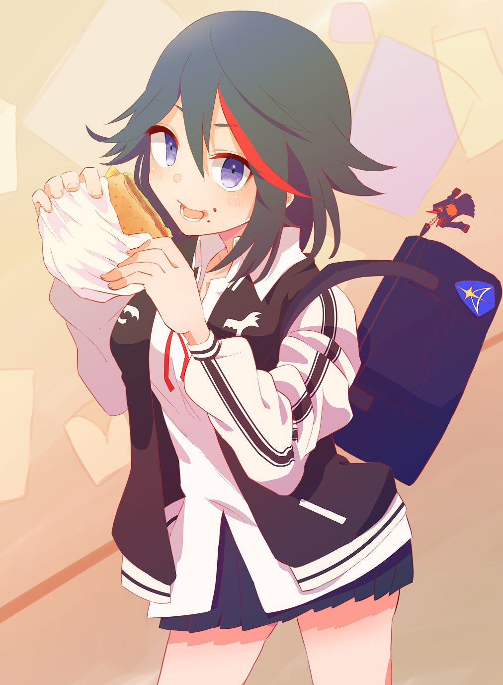 abstract_background chunta eating food hamburger highres jacket kill_la_kill letterman_jacket matoi_ryuuko multicolored_hair stain streaked_hair