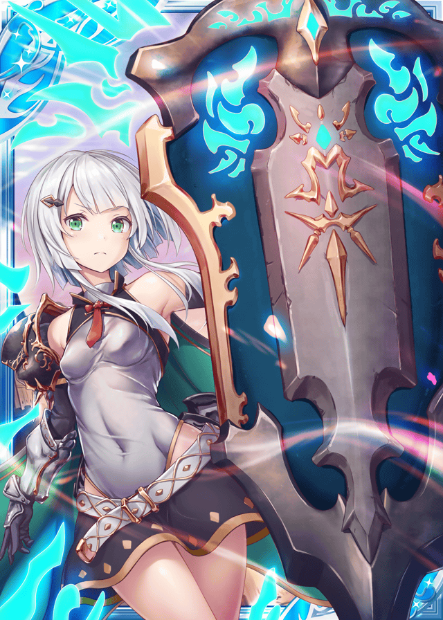 1girl akkijin armor armpits bare_shoulders belt breasts diamond_(symbol) elbow_gloves gloves green_eyes hair_ornament holding holding_shield leotard looking_at_viewer official_art shield shinkai_no_valkyrie short_hair skirt small_breasts white_hair white_leotard white_skirt