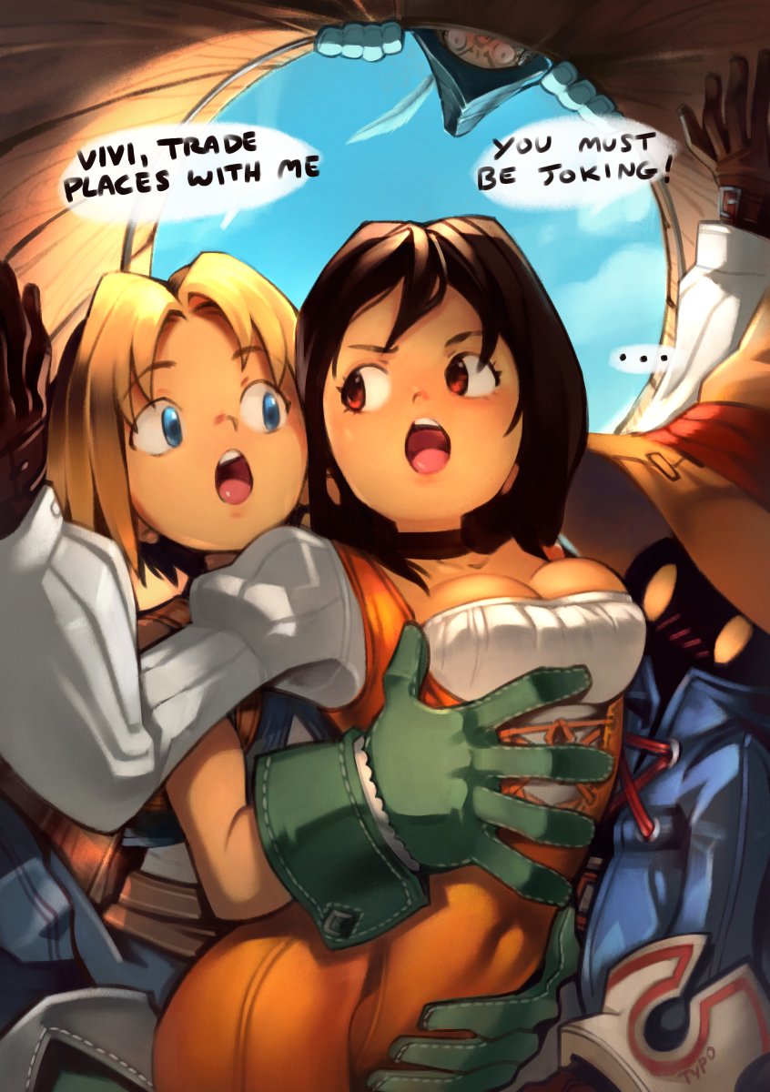 ... 1girl 3boys adelbert_steiner barrel black_choker black_hair black_mage blue_eyes blush bodysuit boy_sandwich breasts brown_gloves brown_wings choker cleavage covered_navel english_text faceless final_fantasy final_fantasy_ix from_below garnet_til_alexandros_xvii gloves green_gloves groping helmet highres hug hug_from_behind lace-up long_sleeves medium_breasts multiple_boys nose_blush optionaltypo orange_bodysuit puffy_long_sleeves puffy_sleeves sandwiched shirt solid_eyes speech_bubble upper_teeth vivi_ornitier white_shirt wings yellow_eyes zidane_tribal