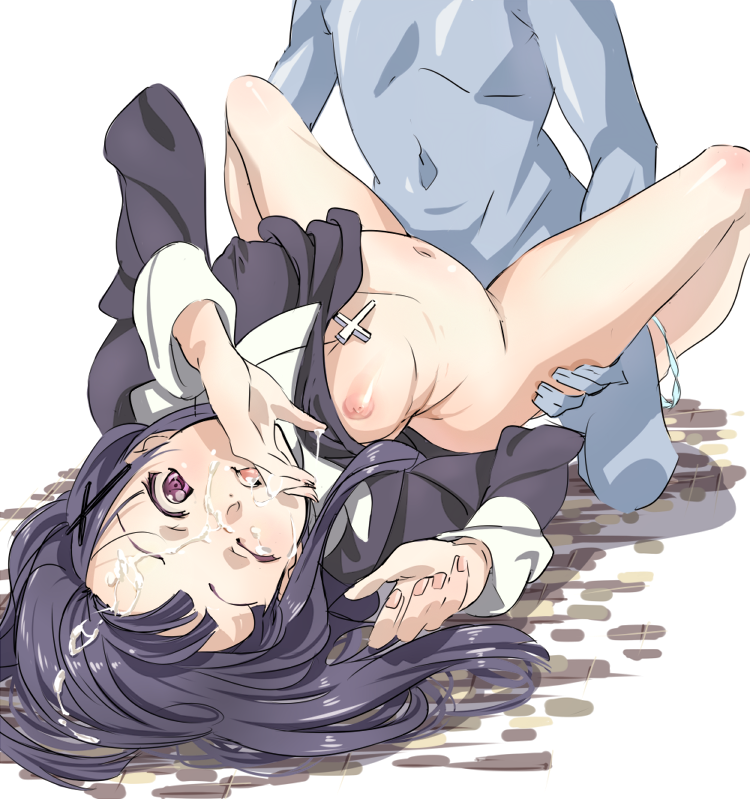 bad_id bad_pixiv_id black_hair bottomless breasts cross cum facial facial_hair habit kannagi long_hair medium_breasts missionary niko_(tama) nun one_eye_closed open_clothes simple_background zange