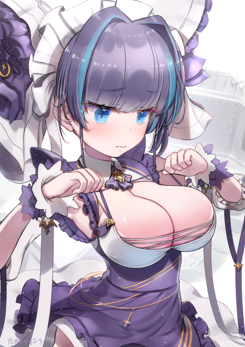 1girl armpits azur_lane bangs blue_eyes blunt_bangs blush breasts cheshire_(azur_lane) cleavage closed_mouth dress eyebrows_visible_through_hair frilled_dress frills gold hair_intakes highres jitome large_breasts looking_at_breasts maid maid_headdress multicolored_hair purple_hair skindentation solo strap_pull streaked_hair tansan_daisuki underbust upper_body wavy_mouth wind wind_lift wrist_cuffs