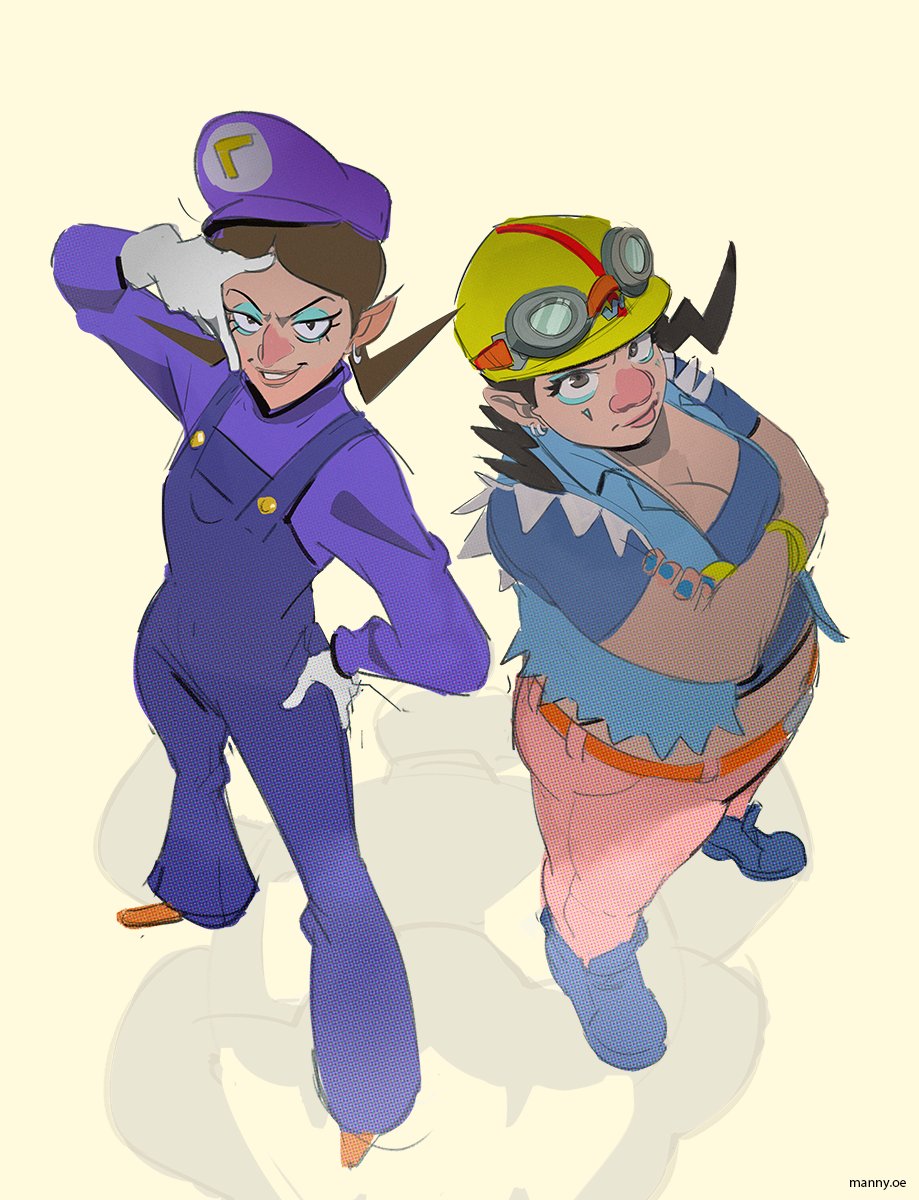 2girls arm_up belt big_belly blue_eyeshadow breasts brown_eyes brown_hair cleavage closed_mouth crossed_arms earrings emmanuel_edeko eyelashes eyeshadow facial_mark fingernails from_above full_body genderswap genderswap_(mtf) gloves goggles goggles_on_headwear hand_on_hip hat height_difference helmet highres jewelry lips long_sleeves looking_at_viewer looking_up makeup mario_(series) mario_tennis medium_hair midriff multiple_girls nail_polish navel open_clothes open_vest overalls pants parted_lips plump pointy_ears pose red_nose shirt shoes short_sleeves smile standing sweater twintails v-shaped_eyebrows vest waluigi wario warioware watermark web_address