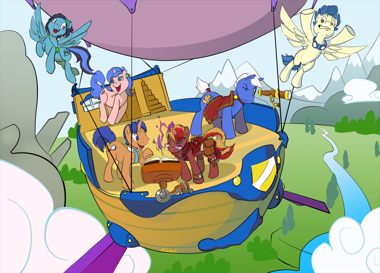 2012 aircraft balloon black_hair blue_eyes blue_hair book brown_eyes clock cloud cloudscape cutie_mark detailed_background digital_media_(artwork) equid equine eyebrow_through_hair eyebrows eyelashes eyewear feathers female fluffy fluffy_tail friendship_is_magic glasses goggles grass green_eyes group hair half-closed_eyes happy horn horse hot_air_balloon jewelry magnifying_glass male mammal mountain my_little_pony narrowed_eyes necklace necktie one_eye_closed open_mouth pegasus plant pony purple_eyes reading reading_book river scroll shield shrub signature sky snow stairs teeth telescope tongue translucent translucent_hair tree unicorn watch window wings zillford