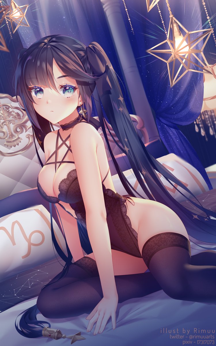 1girl arm_support bangs bare_arms bare_shoulders black_choker black_hair black_legwear black_leotard blue_eyes breasts choker cleavage commentary earrings eyebrows_visible_through_hair genshin_impact hair_ornament highres jewelry lace-trimmed_choker lace-trimmed_leotard lace_trim leotard light_bulb lingerie long_hair looking_at_viewer medium_breasts mona_(genshin_impact) on_bed pillow rimuu sitting solo star_(symbol) star_earrings star_hair_ornament star_in_eye symbol_in_eye thighhighs thighs twintails underwear very_long_hair