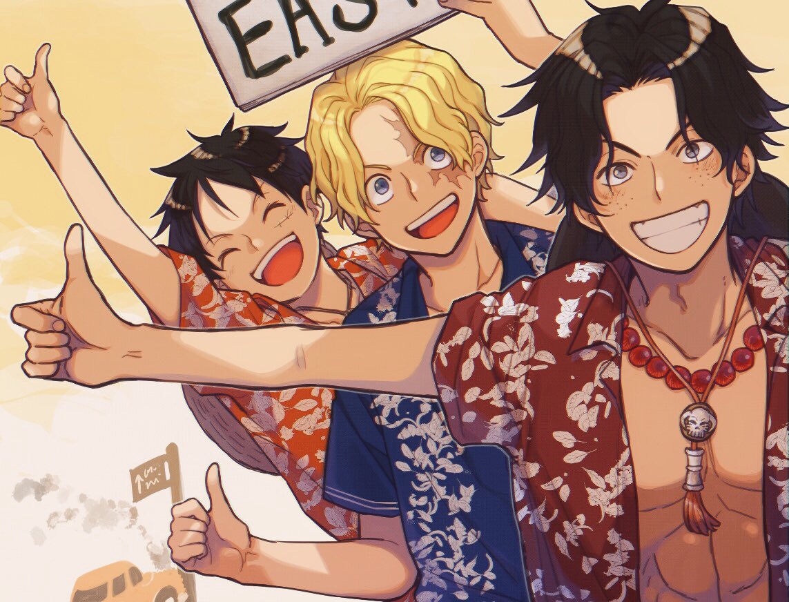 3boys :d abs arm_up bare_pecs bead_necklace beads black_hair blonde_hair blue_eyes car closed_eyes collarbone collared_shirt commentary freckles grey_eyes grin ground_vehicle hat hat_around_neck hawaiian_shirt hitchhiking holding holding_sign jewelry looking_at_viewer male_focus monkey_d_luffy motor_vehicle multiple_boys necklace one_piece open_clothes open_mouth open_shirt orange_shirt outstretched_arm pectorals portgas_d_ace red_shirt road_sign sabo_(one_piece) saran_w_rap scar scar_on_face shiny shiny_hair shirt short_hair short_sleeves sign smile straw_hat symbol_commentary tassel thumbs_up wavy_hair