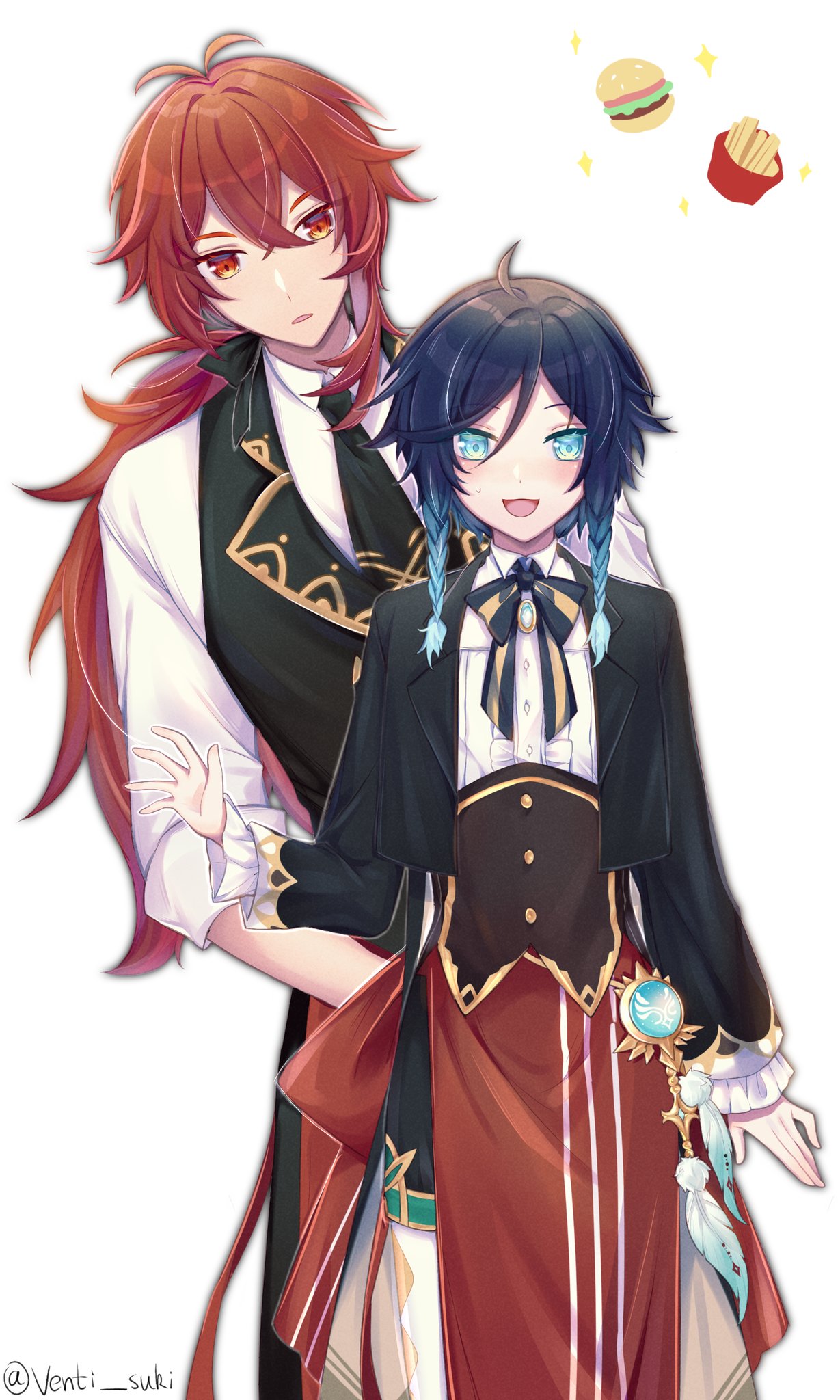 2boys androgynous argyle argyle_legwear bangs black_hair black_jacket blue_eyes blue_hair bow braid brooch collared_shirt corset diluc_(genshin_impact) eyebrows_visible_through_hair feathers food french_fries frilled_sleeves frills gem genshin_impact gradient_hair hair_between_eyes hamburger highres jacket jewelry long_hair long_sleeves looking_at_viewer male_focus multicolored_hair multiple_boys necktie open_mouth pantyhose ponytail red_eyes red_hair shirt short_hair_with_long_locks simple_background smile sparkle symbol_commentary twin_braids venti_(genshin_impact) venti_suki vest vision_(genshin_impact) white_background white_legwear