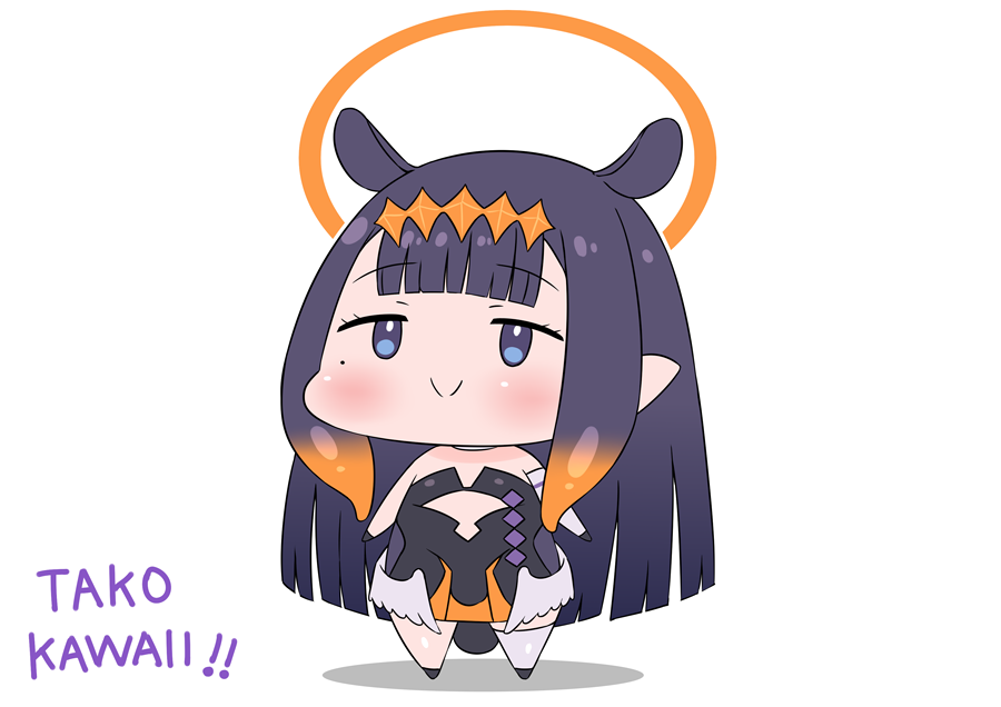 1girl alpha_transparency asymmetrical_gloves bangs blue_eyes blunt_bangs chibi commentary diamond_hairband dress english_commentary full_body gloves gradient_hair halo hololive hololive_english long_hair mole mole_under_eye multicolored_hair ninomae_ina'nis orange_hair pointy_ears purple_hair rei_(rei_rr) single_thighhigh solo strapless strapless_dress tentacle_hair tentacles thighhighs very_long_hair virtual_youtuber