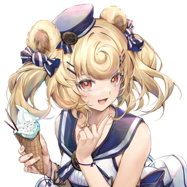 1girl :d animal_ears arknights bangs bare_shoulders bear_ears bear_girl blonde_hair blue_headwear blue_sailor_collar candy_hair_ornament dress fingernails food food_themed_hair_ornament gummy_(arknights) hair_ornament hairpin hat holding holding_food ice_cream ice_cream_cone index_finger_raised looking_at_viewer mamemena medium_hair open_mouth red_eyes sailor_collar sailor_hat sleeveless sleeveless_dress smile solo white_background white_dress