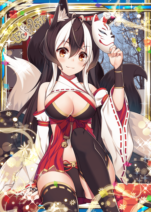 1girl animal_ears bare_shoulders bell black_hair black_panties breasts collaboration fox_ears fox_mask fox_tail japanese_clothes jingle_bell large_breasts looking_at_viewer mask miko multicolored_hair official_art orange_eyes pagoda panties ray-akila shinkai_no_valkyrie shinki_kakusei_melty_maiden sitting tail thighhighs tree two-tone_hair underwear