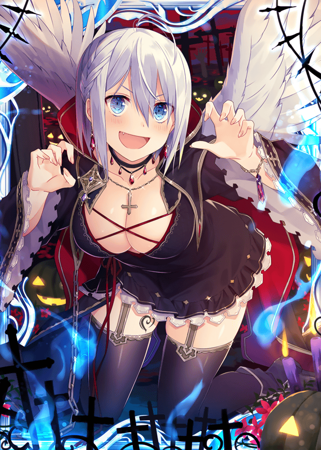 &gt;:p 1girl angel angel_wings black_dress blue_eyes breasts candle chain collaboration collarbone cross cross_necklace dress falkyrie_no_monshou graveyard halloween halloween_costume jack-o'-lantern jewelry large_breasts looking_at_viewer musse_(falkyrie_no_monshou) natsumekinoko necklace official_art open_mouth shinkai_no_valkyrie short_hair thighhighs white_hair wings